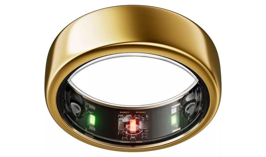 Gold smart ring with visible internal components and lights.