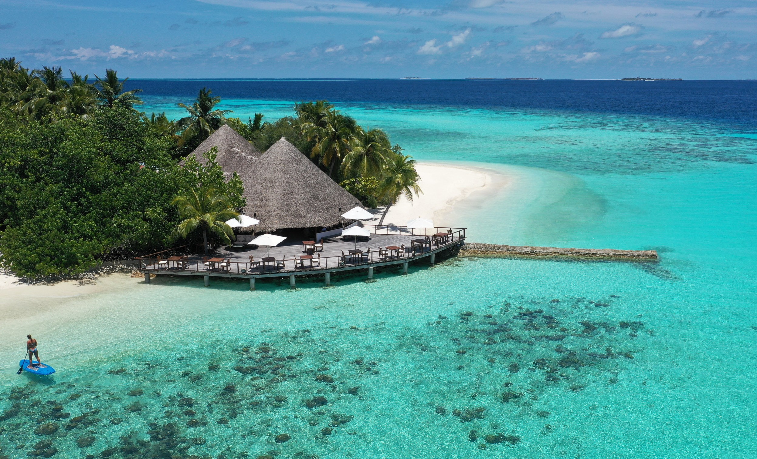 Aerial view of Mukunudu Island Resort in the Maldives.