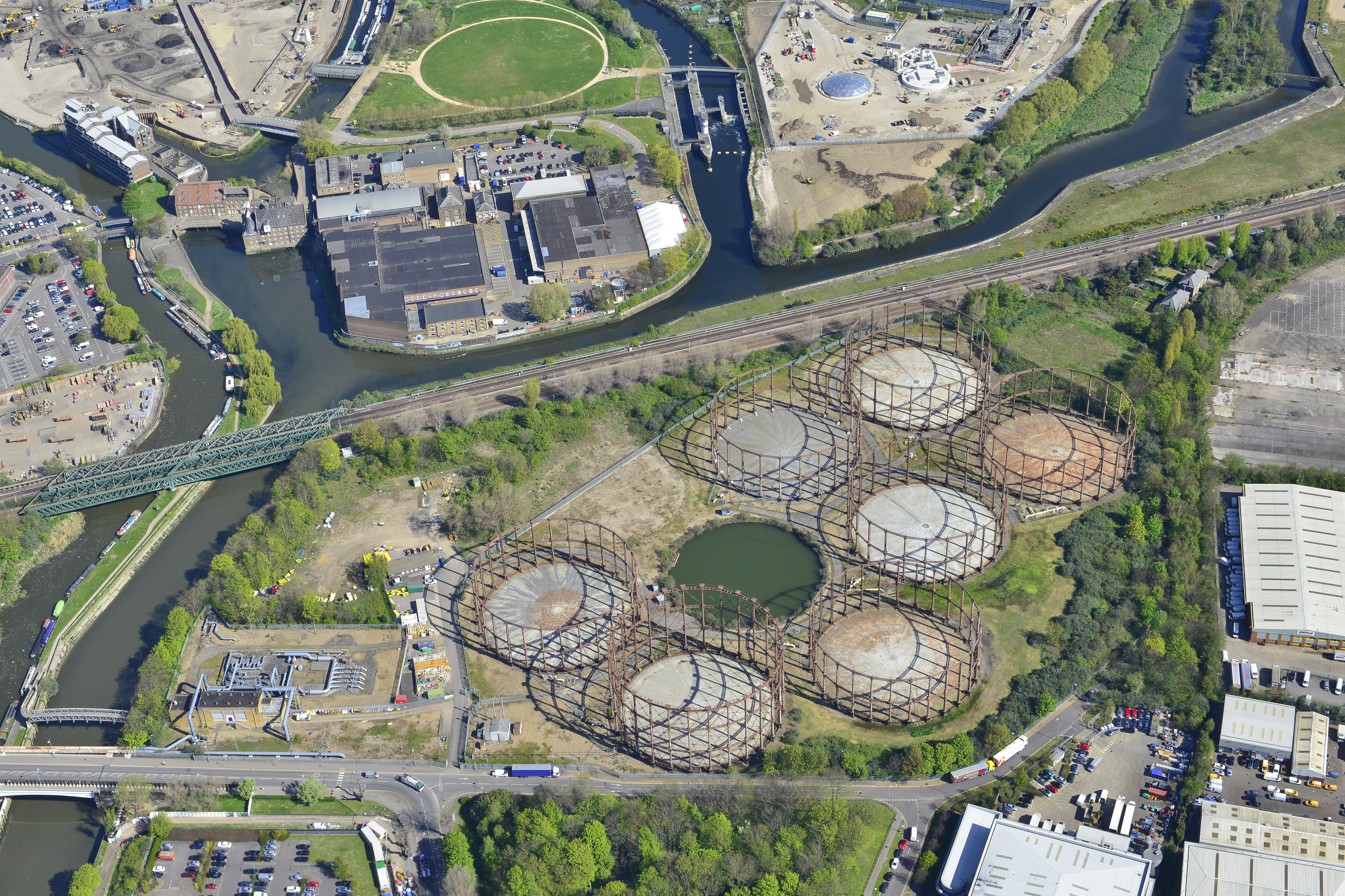 Aerial view of Bromley-by-Bow gas holders.