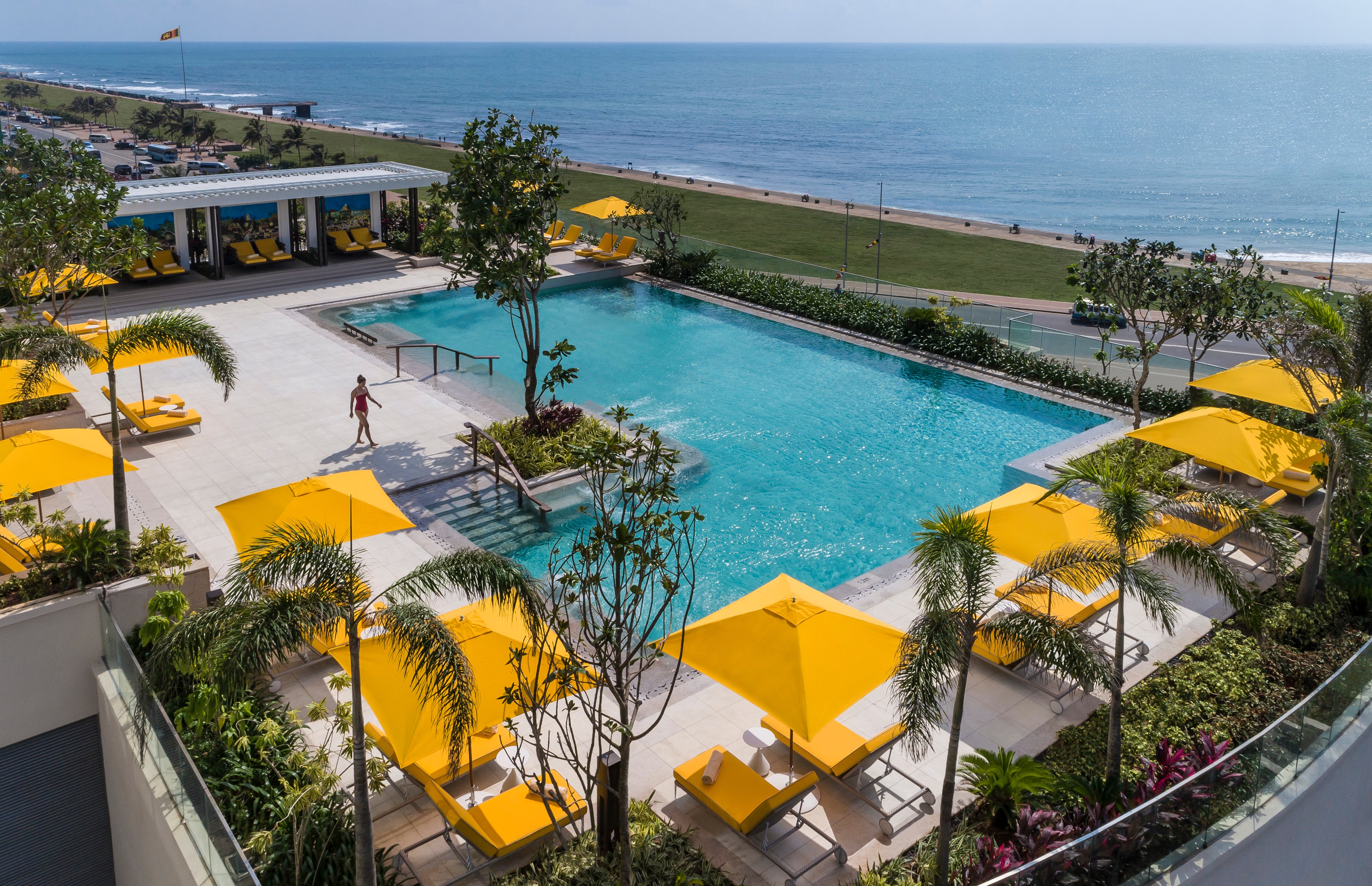 Aerial view of Shangri-La Colombo's rooftop pool and ocean view.